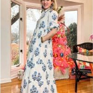 Victoria Dunn White Maxi Dress with Blue Floral Print